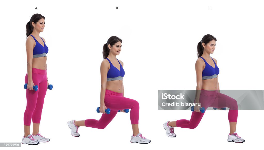 Reverse dumbbell lunge Step by step instructions: Hold a pair of dumbbells at arm's length next to your sides, your palms facing each other. Stand tall with your feet hip-width apart, and brace your core. (A) Step backward with your left leg. Then lower your body into a lunge. (B) Repeat on your other leg. (C) Lunge Stock Photo