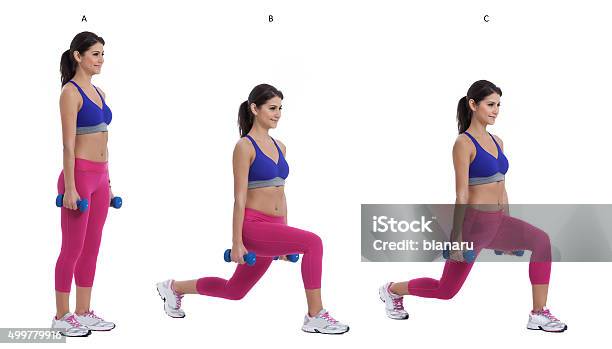 Reverse Dumbbell Lunge Stock Photo - Download Image Now - Lunge, Dumbbell, Exercising