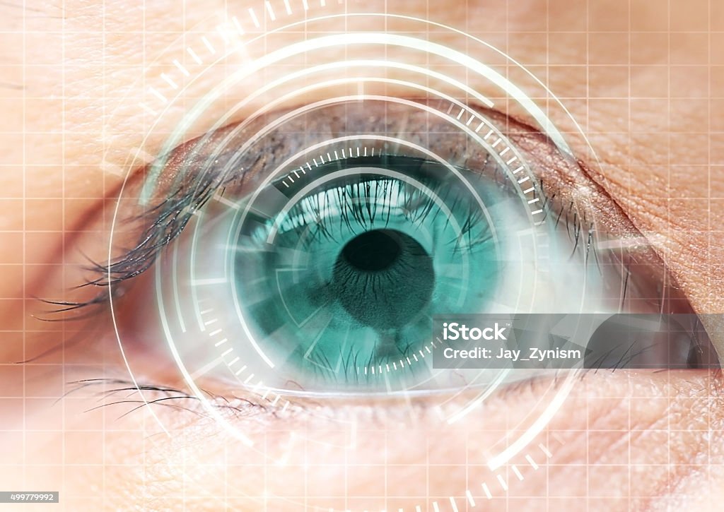Women eye cataract, contact lens, futuristic, digital, technolog Women eye cataract, contact lens, futuristic, digital, technology. Futuristic Stock Photo