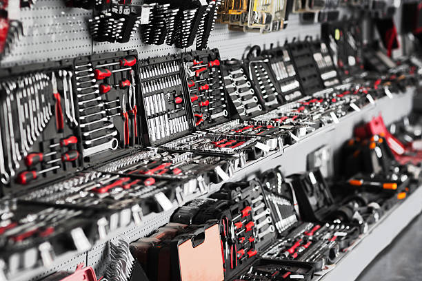 Showcase of tool store (shop) Showcase of tool store. Toolboxes and toolkit in the shop warehouse tools stock pictures, royalty-free photos & images