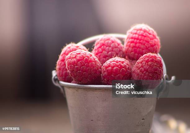 Raspberries In Metallic Old Bucket Closeup Stock Photo - Download Image Now - Berry Fruit, Breakfast, Bucket