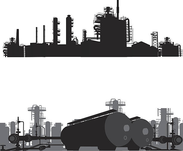 벡터 illustration.silhouette 있는 엔진오일 리파이너리 - valve natural gas gas pipe gas stock illustrations