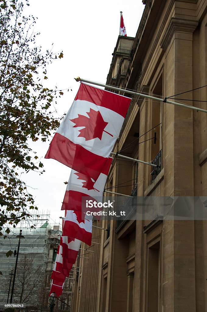 Row of Canadian flags a row of Canadian flags outside Canada House in Trafalgar square, London, United Kingdom Ambassador Stock Photo