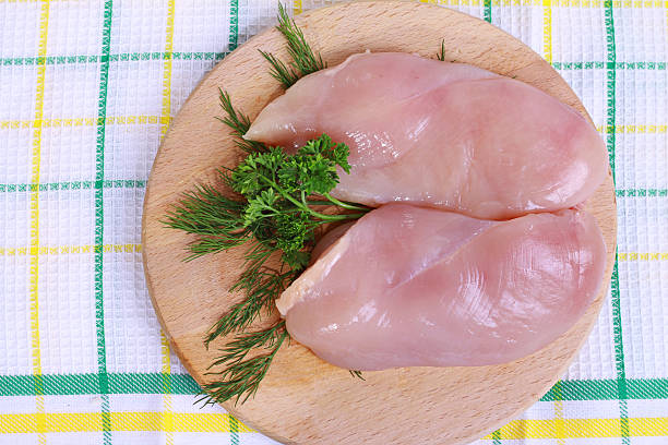 istock Raw chicken breast fillets  on wooden cutting board. 499799150