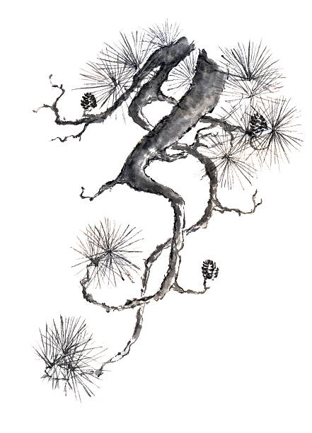 Japanese style original sumi-e pine branch ink painting.