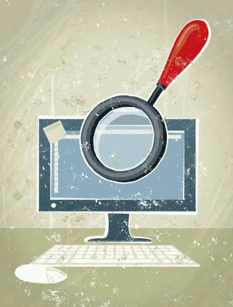 Vector illustration of Search - Computer Scrutinised by a Magnifying Glass