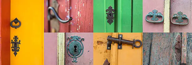 A collection of locks and door handles in the historic colonial cities of Minas Gerais
