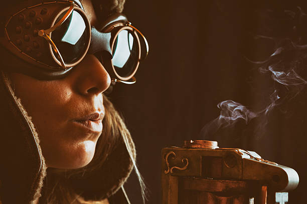 Woman Steampunk Gunslinger Portrait of a female gunslinger in the Steampunk genre. steampunk pistol pictures stock pictures, royalty-free photos & images