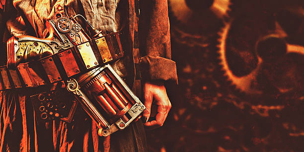Steampunk Gun Close up of Steampunk gun in a belt with copy space on female steampunk pistol pictures stock pictures, royalty-free photos & images