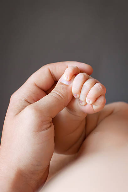 Newborn children's hand infather hand. Dad and his Child. stock photo