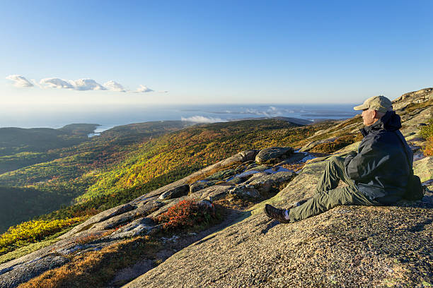 성숙한 산 전망을 즐기고 있는 남성 - cadillac mountain maine new england usa 뉴스 사진 이미지