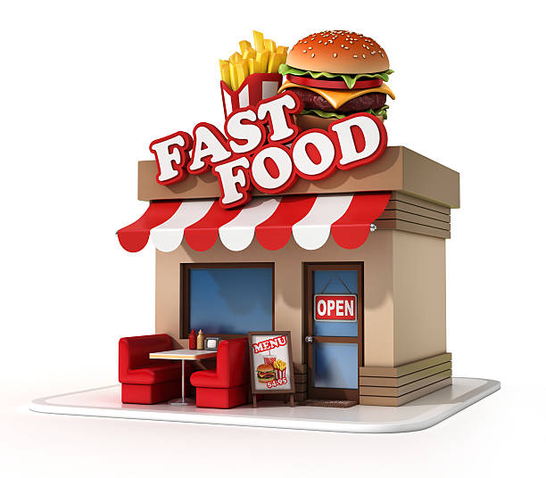 fast-food restaurant 3d-illustration - three dimensional hamburger unhealthy eating isolated on white stock-fotos und bilder