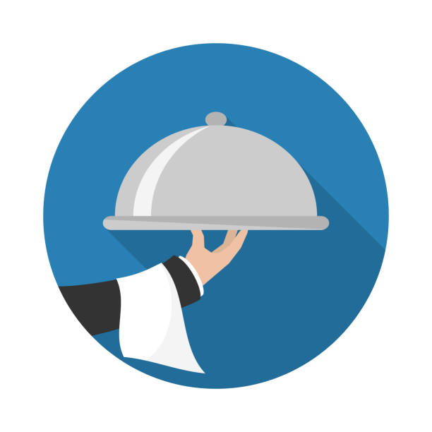 Foods Service icon. Foods Service icon with long shadow. Food Serving tray platter. Simple flat vector. clip art of a waiter holding serving tray stock illustrations