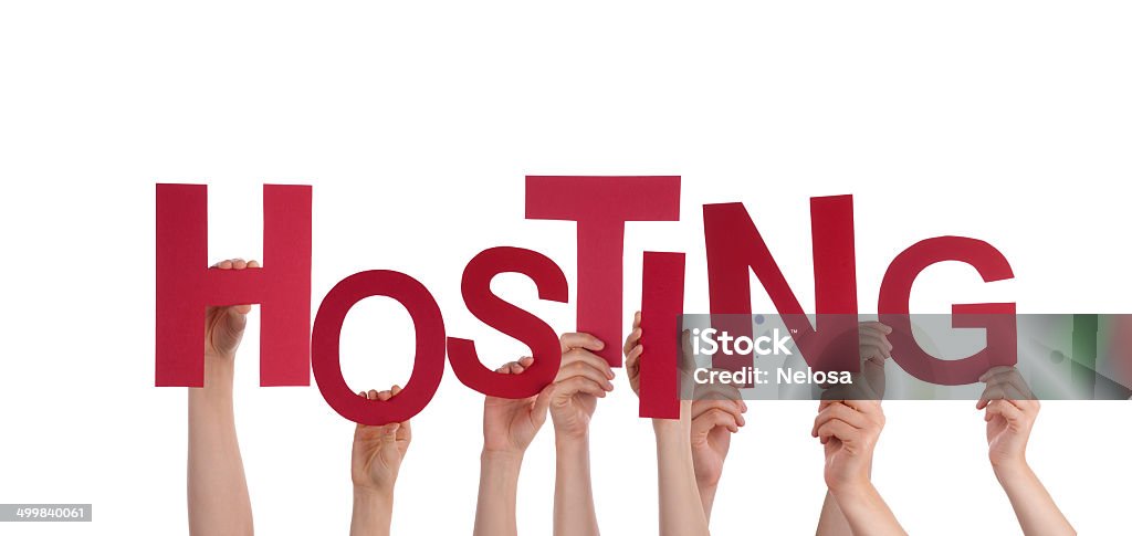 Hands Holding Hosting Many Hands Holding the Red Word Hosting, Isolated Advice Stock Photo