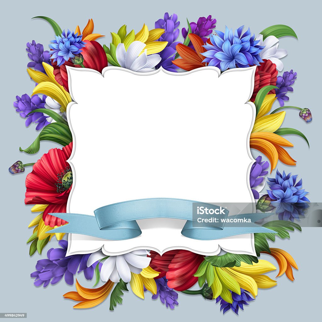 wild flowers frame wild flowers frame; poppy, cornflower, daisy floral banner with ribbon tag Bouquet Stock Photo