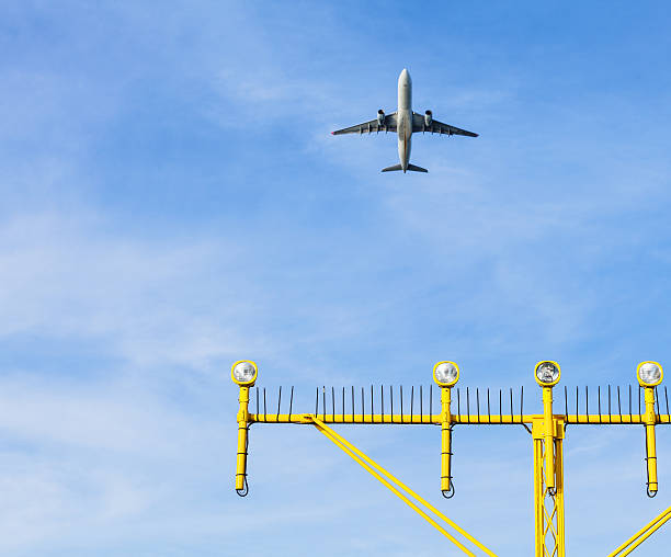 istock Airport approach landing direction light with airplane 499843169