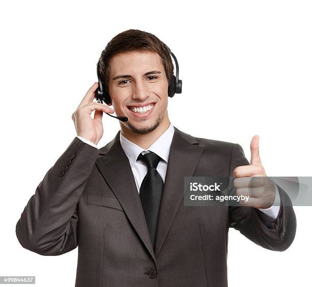 Operator With Earphones Thumbs Up Stock Photo - Download Image Now - Adult, Adults Only, Beautiful People