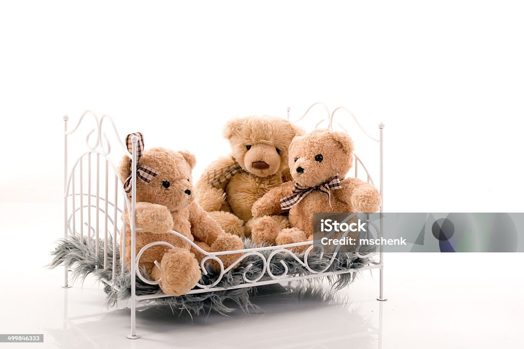 Teddy bears in the bed. Teddy bears sitting in the bed. Studio shot on a white background. Bed - Furniture Stock Photo