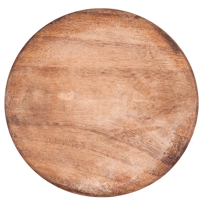 Used chopping block on white background, wood texture