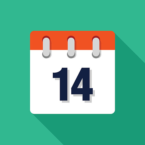 Fourteenth Flat Design Calendar Icon - VECTOR 14th Flat Design Calendar Icon vector Illustration. The calender icon has shadow effect to the right side. number 14 stock illustrations
