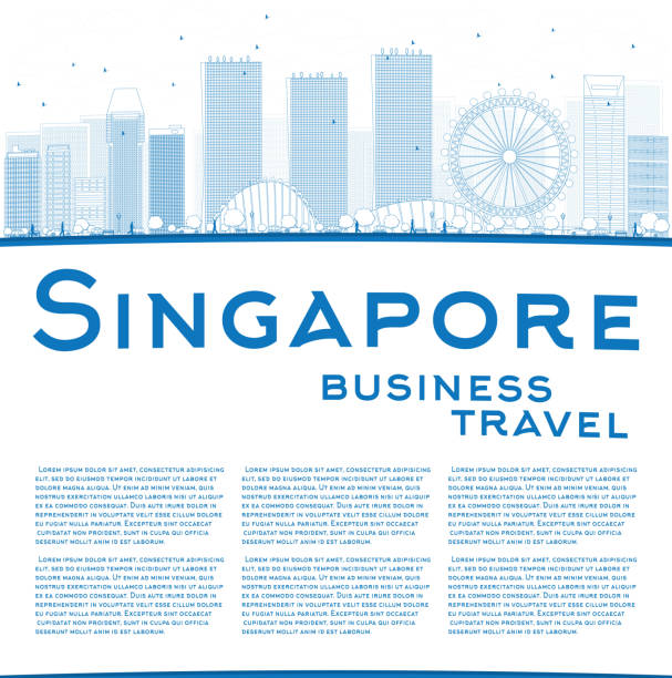 illustrazioni stock, clip art, cartoni animati e icone di tendenza di orizzonte di singapore di contorno con punti di riferimento blu e lo spazio della copia. - singapore street business sky