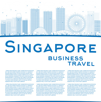 Outline Singapore skyline with blue landmarks and copy space.