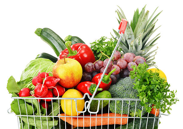 istock Wire shopping basket with groceries isolated on white 499872475