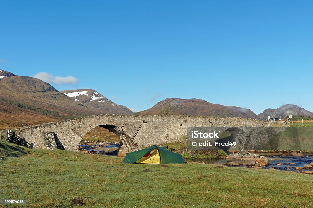 Tent by Spey river at Garva bridge, Scotland in spring Tent by Spey river at Garva bridge with Creag Liath and Creag Chathalain in the background, Scotland in spring Blue Stock Photo