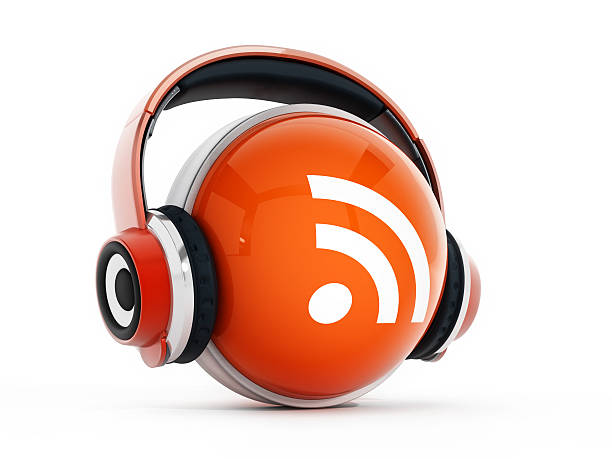 Headphones on RSS icon Red headphones on orange RSS icon isolated on white. rss feeds stock pictures, royalty-free photos & images