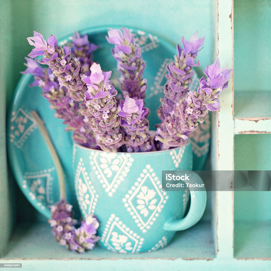 lavender flowers bunch of a lavender flowers in a blue tea mug . Arrangement Stock Photo