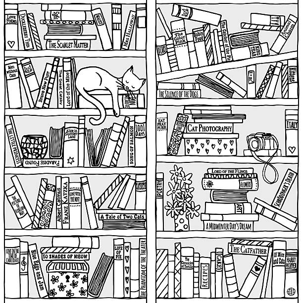 ブックシェルフ、寝室 cat （シームレスな背景） - book titles shelf library点のイラスト素材／クリップアート素材／マンガ素材／アイコン素材