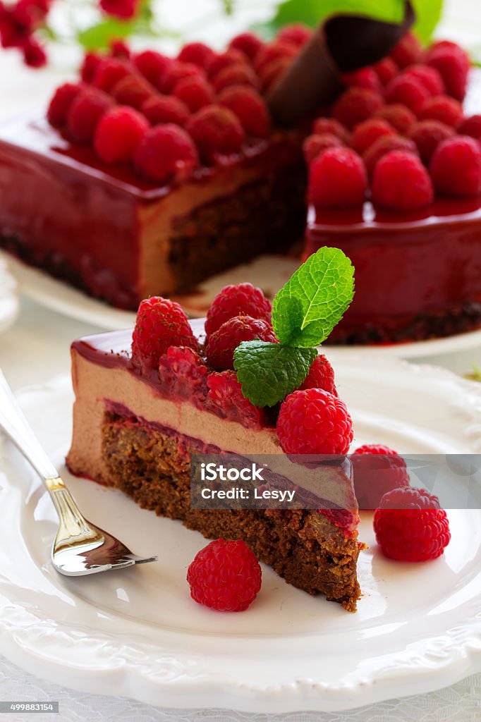 chocolate brownie cake with raspberries. Baking Stock Photo