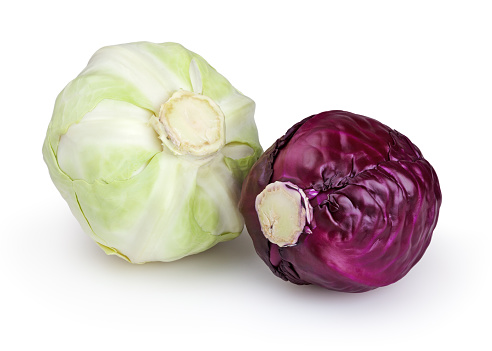 Red and green cabbages isolated on white background with clipping path