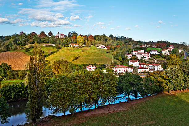 Cambo-les-Bains countryside landscape along Nive river course Countryside of Cambo-les-Bains, French  Basque country commune situated in Province of Labourd, Atlantic Pyrenees, Aquitaine, France, in the valley of Nive river french basque country photos stock pictures, royalty-free photos & images