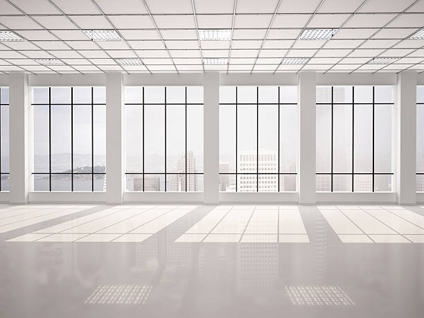 istock 3d illustration of empty office with large windows 499889744