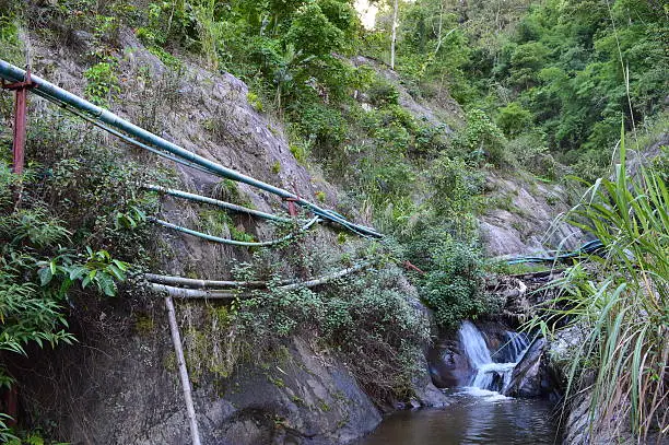 Pipelines to supply private houses with water from a waterfall