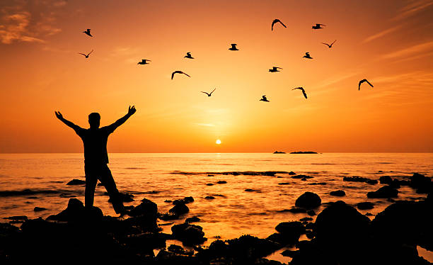 istock Man standing on the beach arms raised birds flying around 499895569