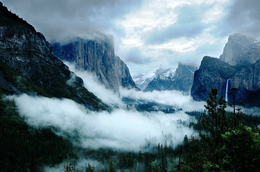 The iconic view of Yosemite Valley during a late spring storm. 
