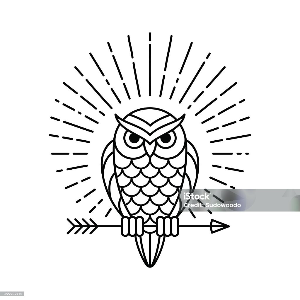 Owl line icon Owl outline emblem in geometric hipster style with arrow and beams. Vector line icon. Owl stock vector