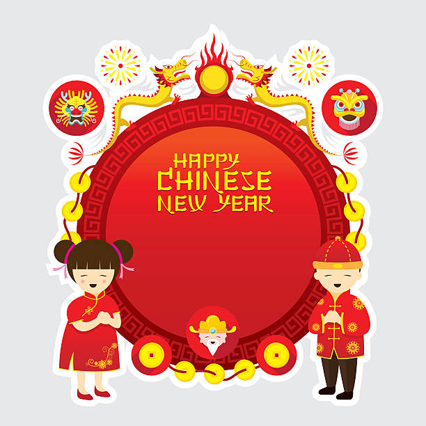 ilustraciones, imágenes clip art, dibujos animados e iconos de stock de bastidor de año nuevo chino, niño y niña - greeting chinese new year god coin