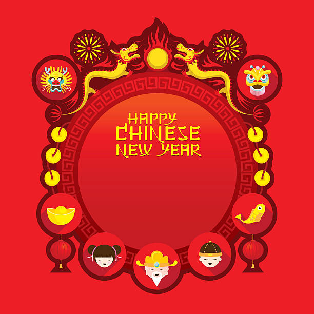 ilustraciones, imágenes clip art, dibujos animados e iconos de stock de año nuevo chino, iconos y etiquetas de bastidor - greeting chinese new year god coin