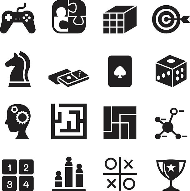 gra z puzzle, dice, maze, jigsaw, joypad illus wektor ikony ustaw - game controller computer icon maze silhouette stock illustrations