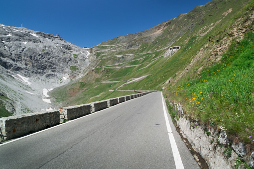 Steep road at Passo dello Stelvio in the Alps in Italy