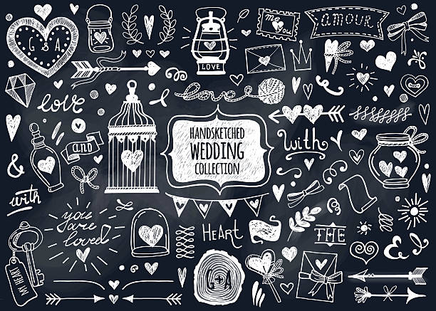 vektor-satz von hand gezeichnet hochzeit elementen. - symbol blackboard invitation part of stock-grafiken, -clipart, -cartoons und -symbole