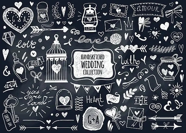 Vector illustration of Vector set of hand-drawn Wedding elements.