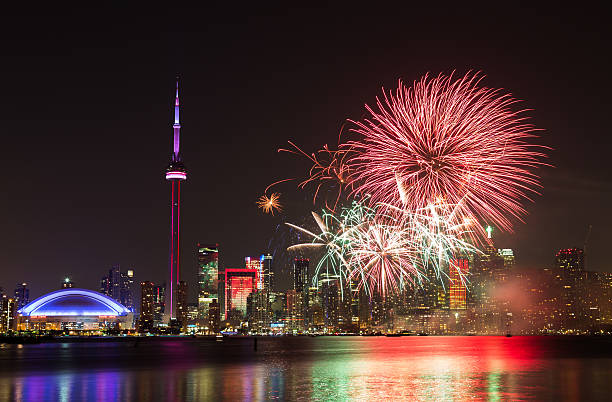 Canada Day Fireworks Toronto, Canada - June 30, 2014: Fireworks in Toronto for Canada Day showing the City and local landmarks canada day photos stock pictures, royalty-free photos & images