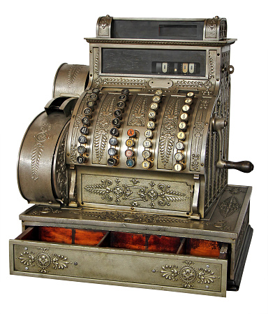 Old vintage cash register isolated on white background with Clipping Path