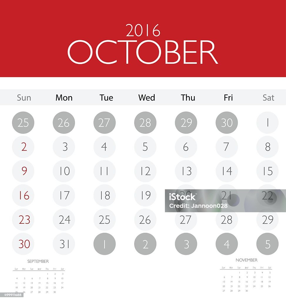 2016 calendar, monthly calendar template for October. 2016 calendar, monthly calendar template for October. Vector illustration. 2015 stock vector