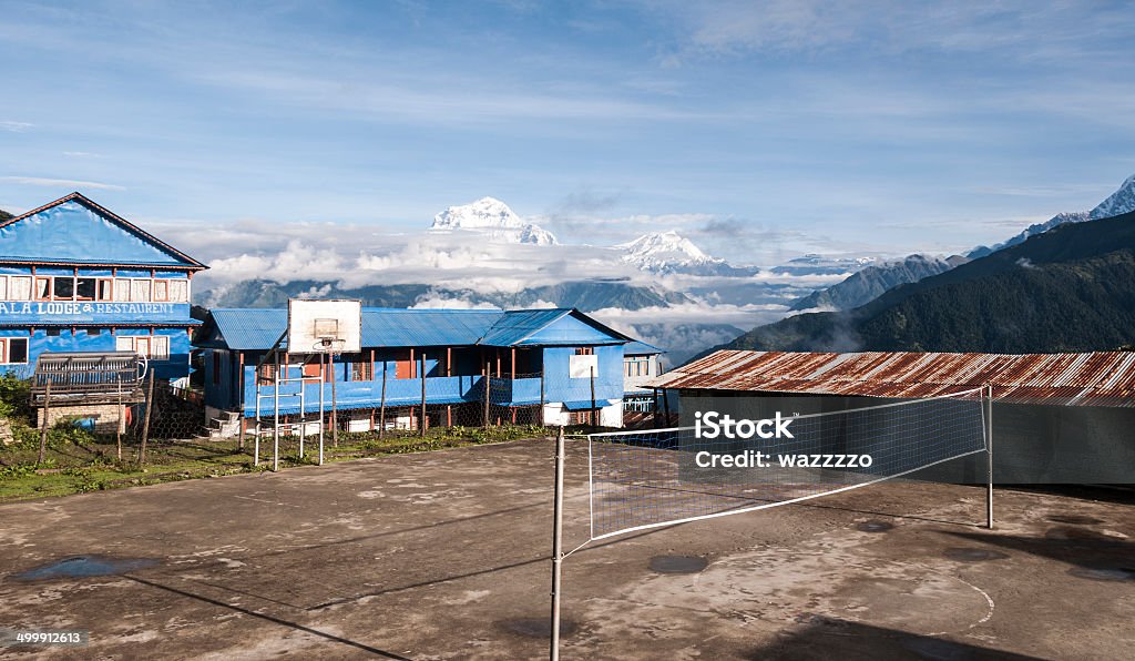 Sports courts at Ghode Pani Basketball and volley ball courts at Ghode Pani (2874m), Annapurna, Nepal Basketball - Sport Stock Photo