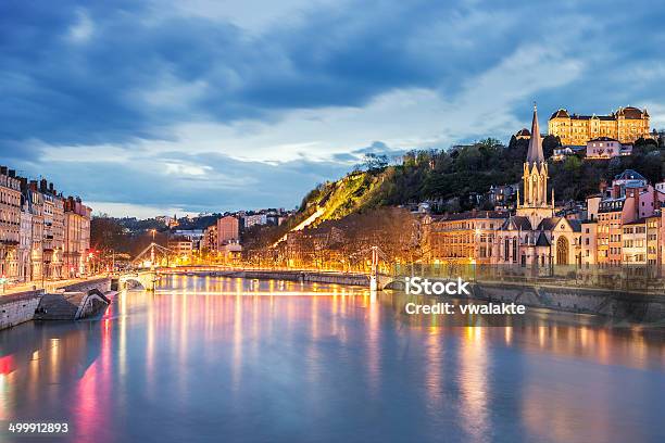 View Of Saone River In Lyon City At Evening Stock Photo - Download Image Now - Lyon, City, France